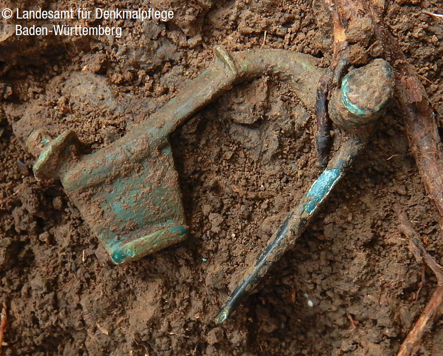 Die kräftig profilierte Bronzefibel aus dem Wehrgraben des römischen Kleinkastells Schonterhöhe war bei der Freilegung von Baumwurzeln umgeben (Foto: Landesamt für Denkmalpflege Baden-Württemberg) Die kräftig profilierte Bronzefibel aus dem Wehrgraben des römischen Kleinkastells Schonterhöhe war bei der Freilegung von Baumwurzeln umgeben (Foto: Landesamt für Denkmalpflege Baden-Württemberg)