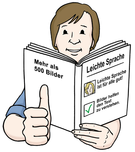 Ein Mann liest einen Text in Leichter Sprache und zeigt den Daumen nach oben.