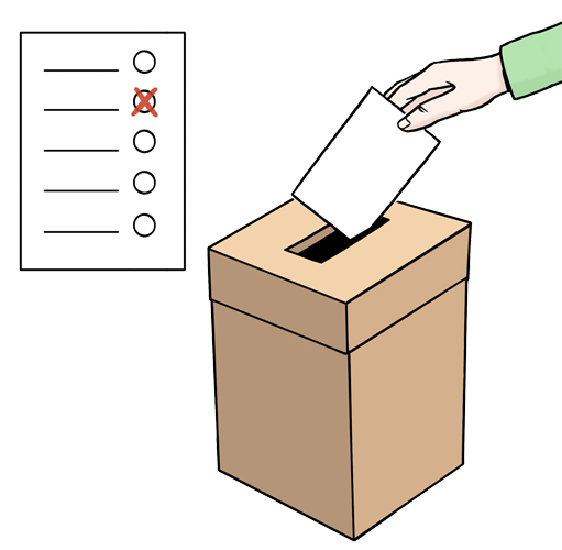 Eine Person h&auml;lt einen zusammengefalteten Wahlzettle in der Hand und steckt ihn in die Wahlurne.