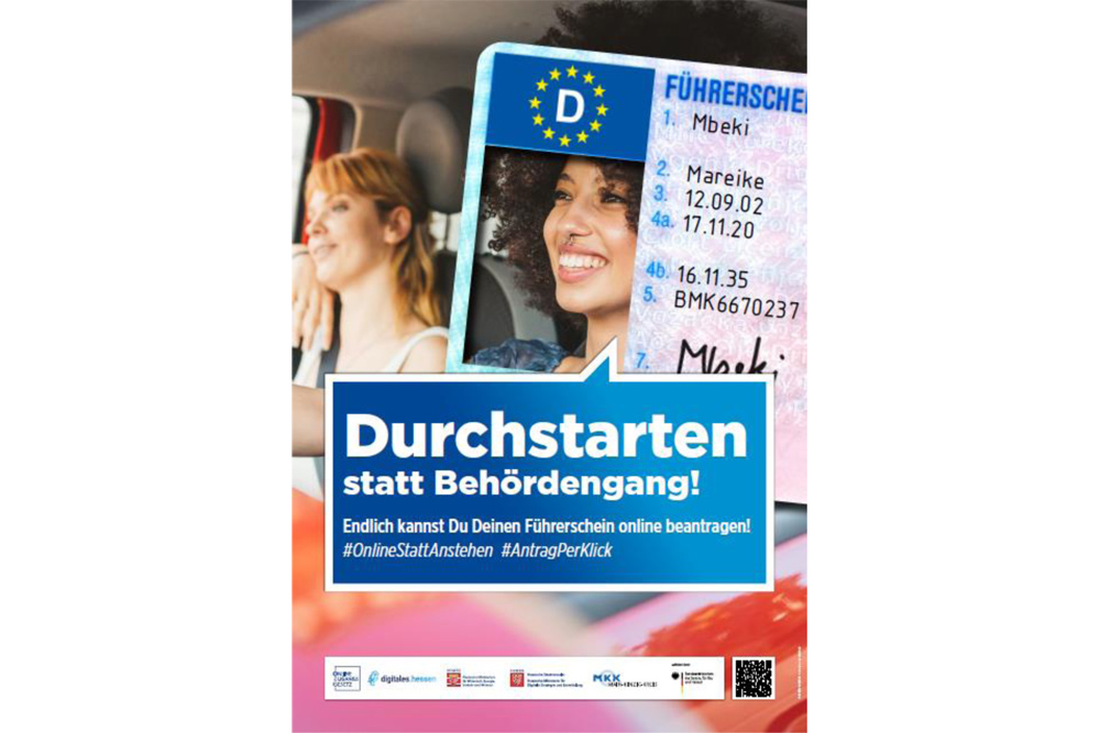 Symbolbild f&uuml;r den digitalen F&uuml;hrerscheinantrag mit folgendem Text: Durchstarten statt Beh&ouml;rdengang