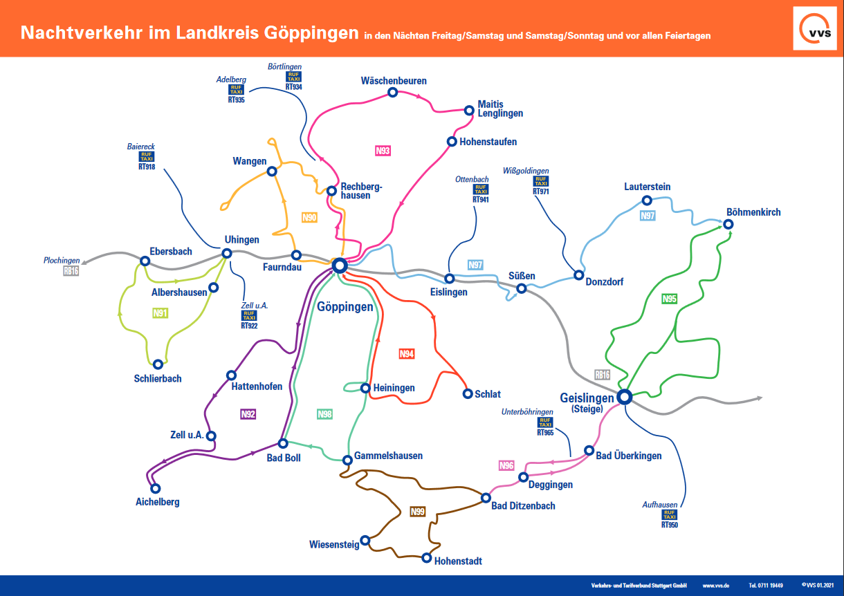 Ein Plan der Nachtbuslinien im Landkreis G&ouml;ppingen