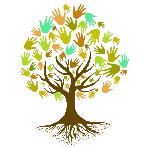 Baumillustration mit Handabdr&uuml;cken als Bl&auml;tter.