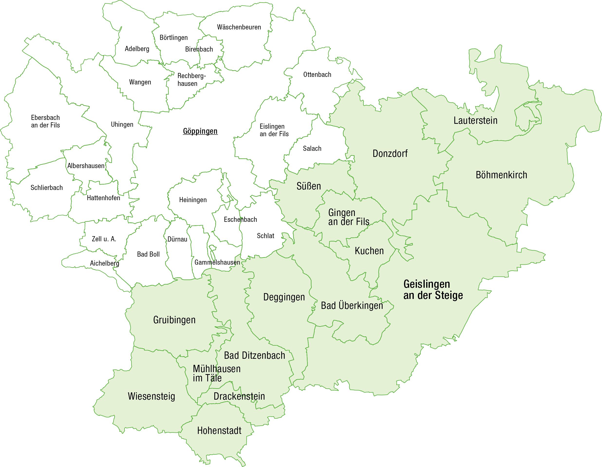 Karte der Landkreises mit allen Gemeinden, s&uuml;d-&ouml;stlicher Teil des Landkreises gr&uuml;n hervorgehoben