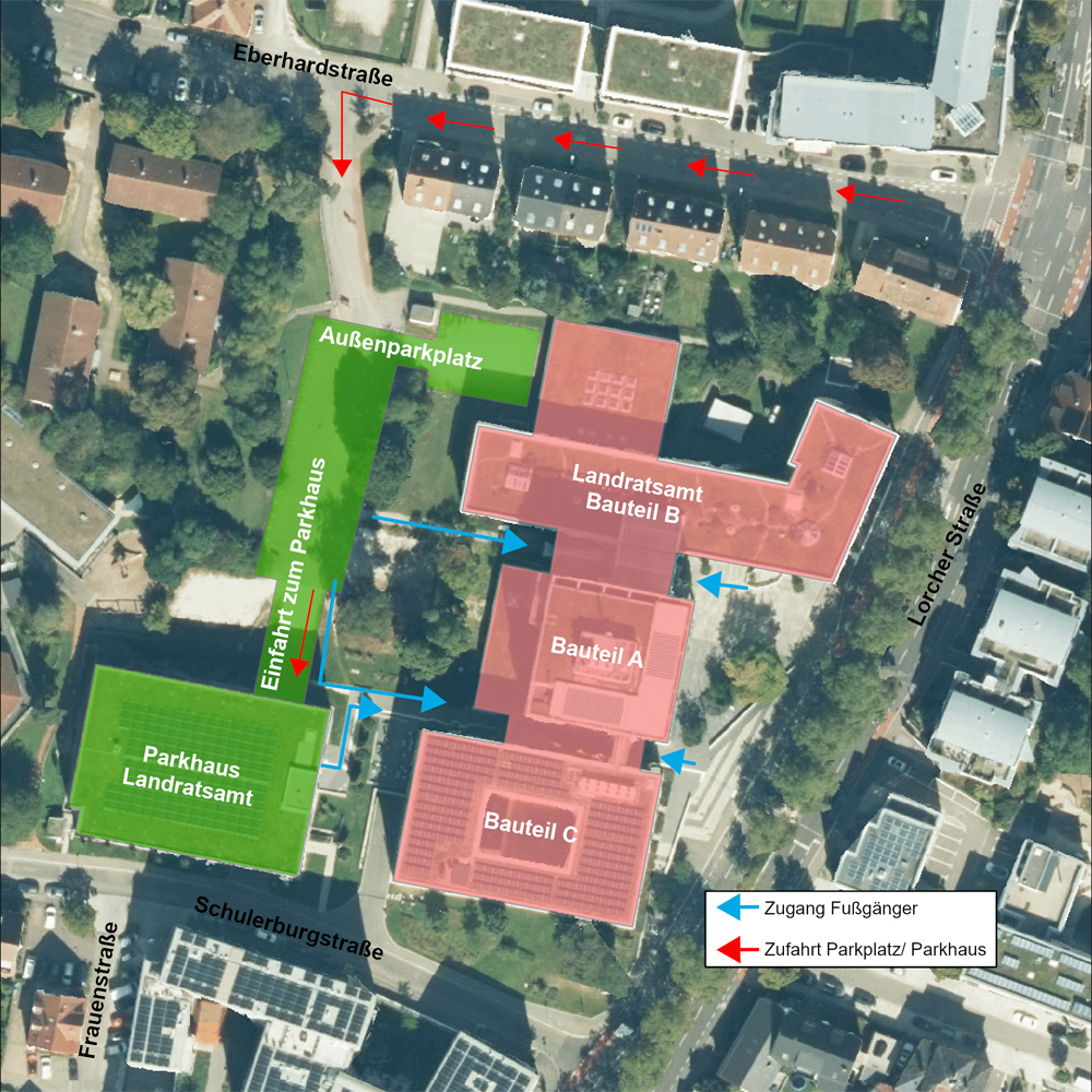 Luftbild Landratsamt mit Anfahrtswegen und Fu&szlig;wegen zum Parkhaus und Geb&auml;ude