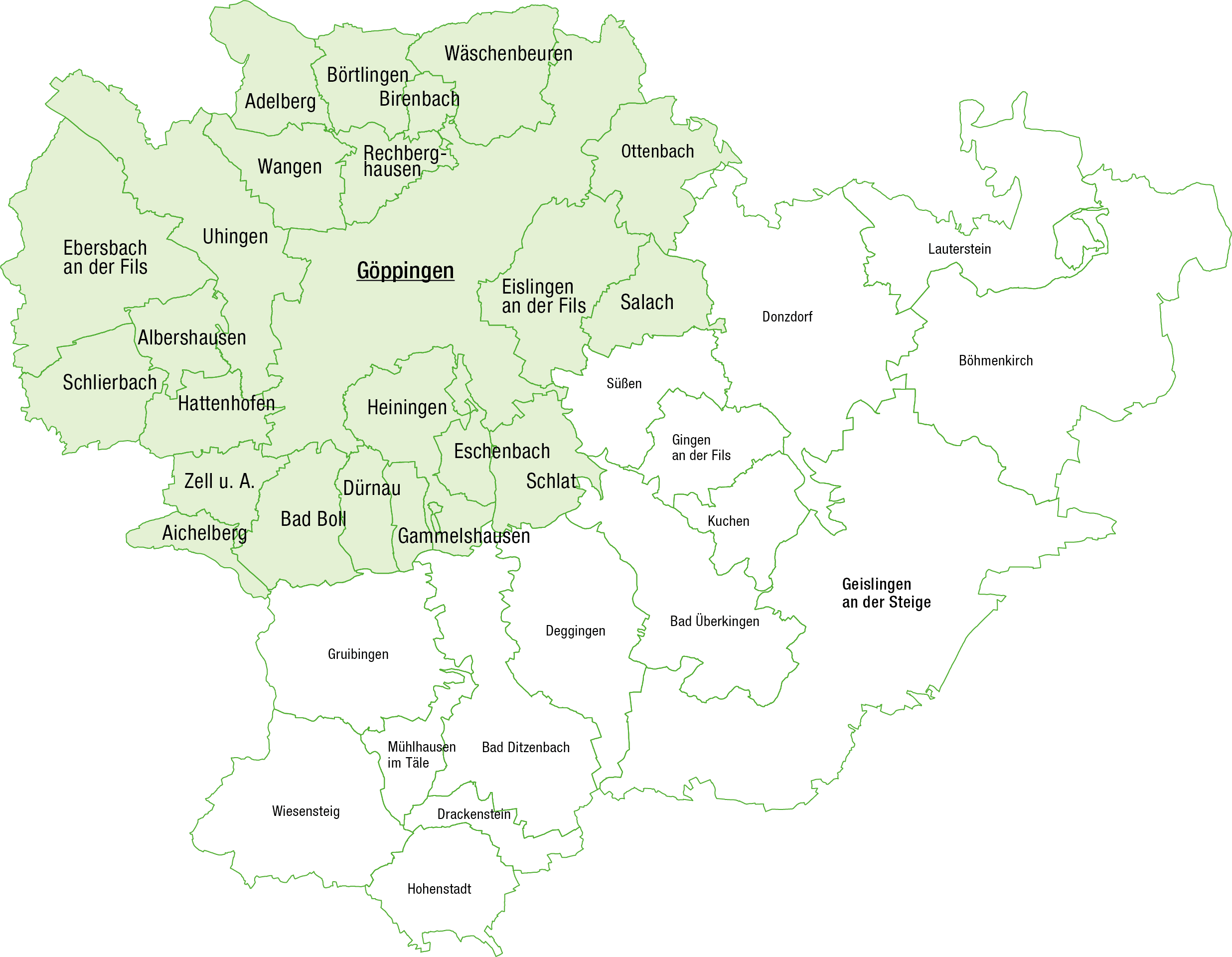 Karte der Landkreises mit allen Gemeinden, westlicher Teil des Landkreises gr&uuml;n hervorgehoben