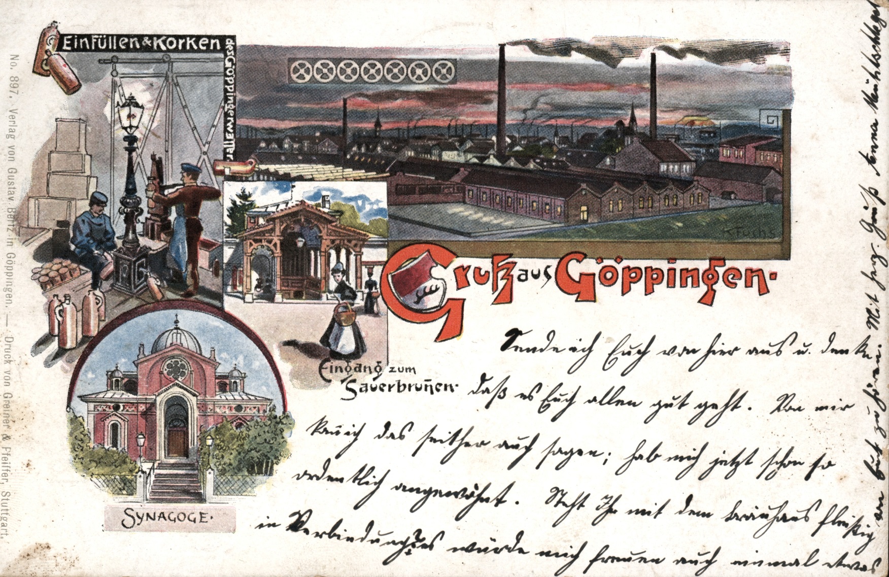 G&ouml;ppingen als Industriestadt, mit Sauerbrunnen und Synagoge (Postkarte um 1900)