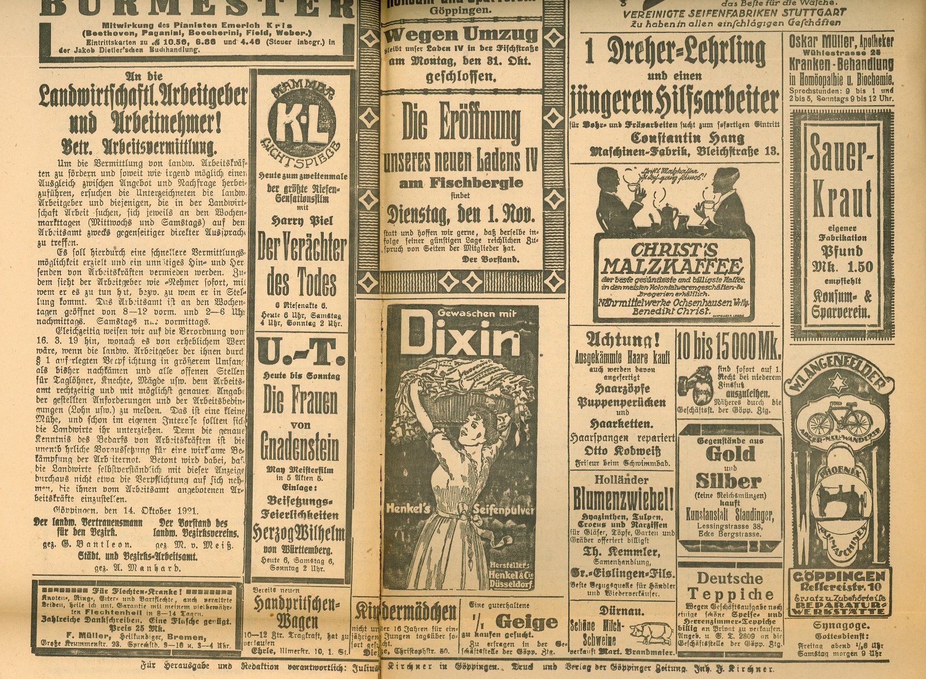 Ausschnitt der R&uuml;ckseite der G&ouml;ppinger Zeitung vom 28. Oktober 1921