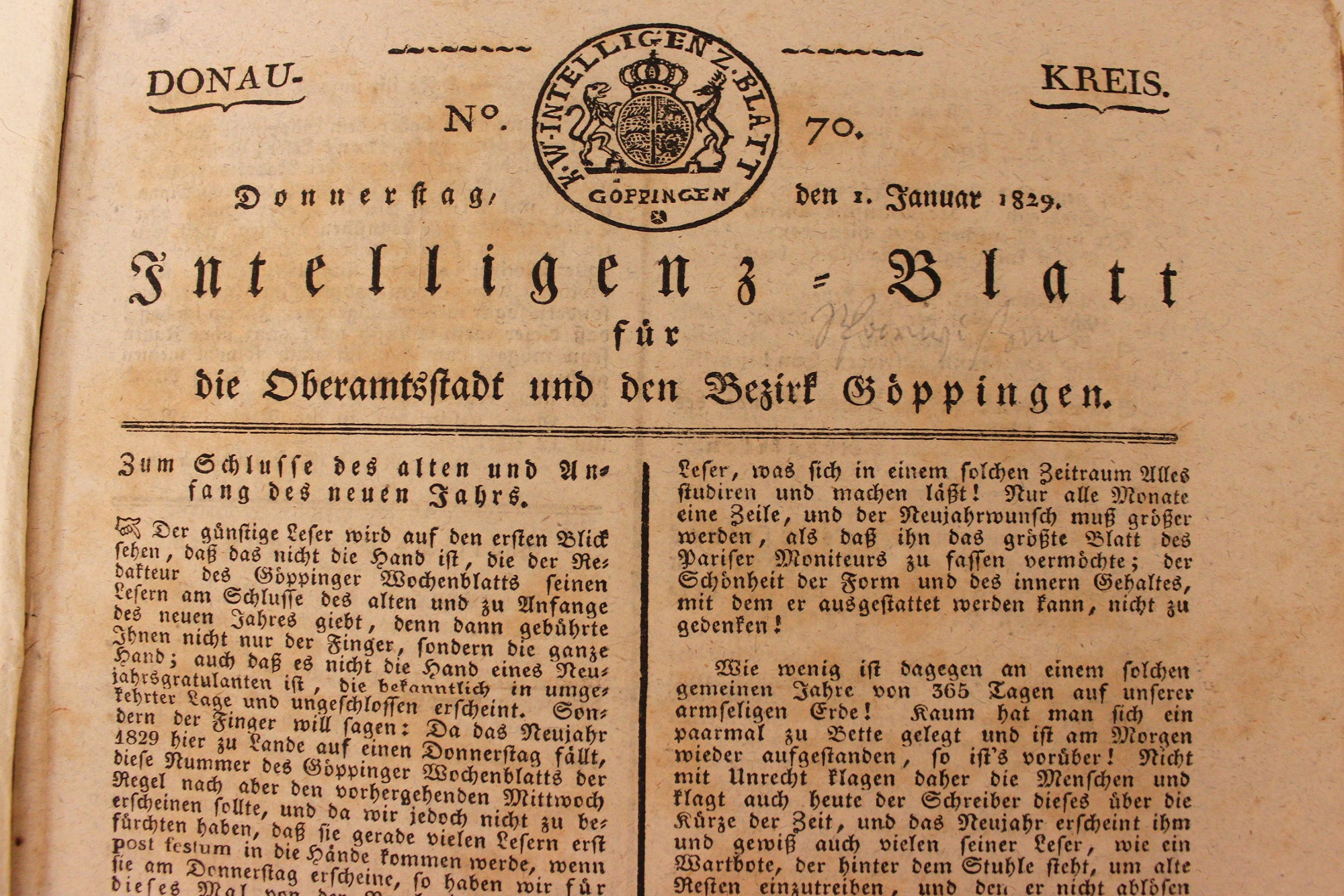 Intelligenz-Blatt G&ouml;ppingen vom 1. Januar 1829
