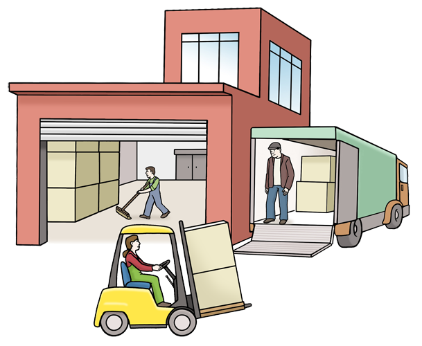 Mehrere Menschen bei der Arbeit in einer Firma. Ein Mann f&auml;hrt einen Gabelstapler, ein anderer Mann wartet auf der Rampe des LKWs auf ihn