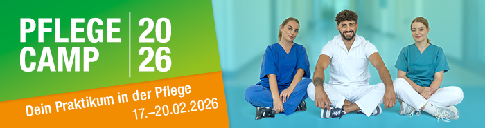 Titelbild Pflege Camp 2026 mit dem Text "Dein Praktikum in der Pflege, 17. &ndash; 20.02.2026"